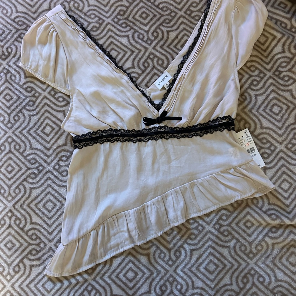 La Hearts Cream Blouse with Black Lace Trim